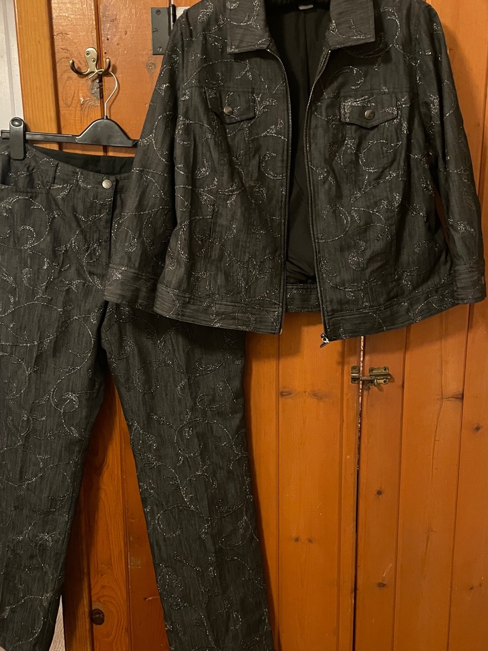 Vintage Peter Nygard Charcoal Denim Silver Embroidered Trucker Jacket Pants 14